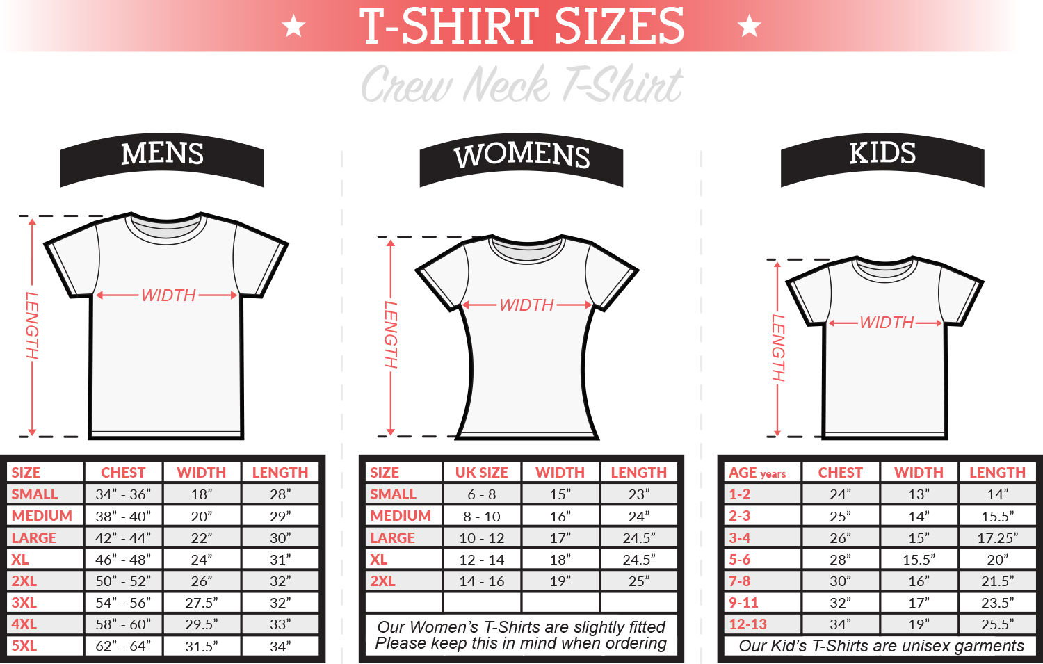 Unisex T Shirt Size Chart Uk