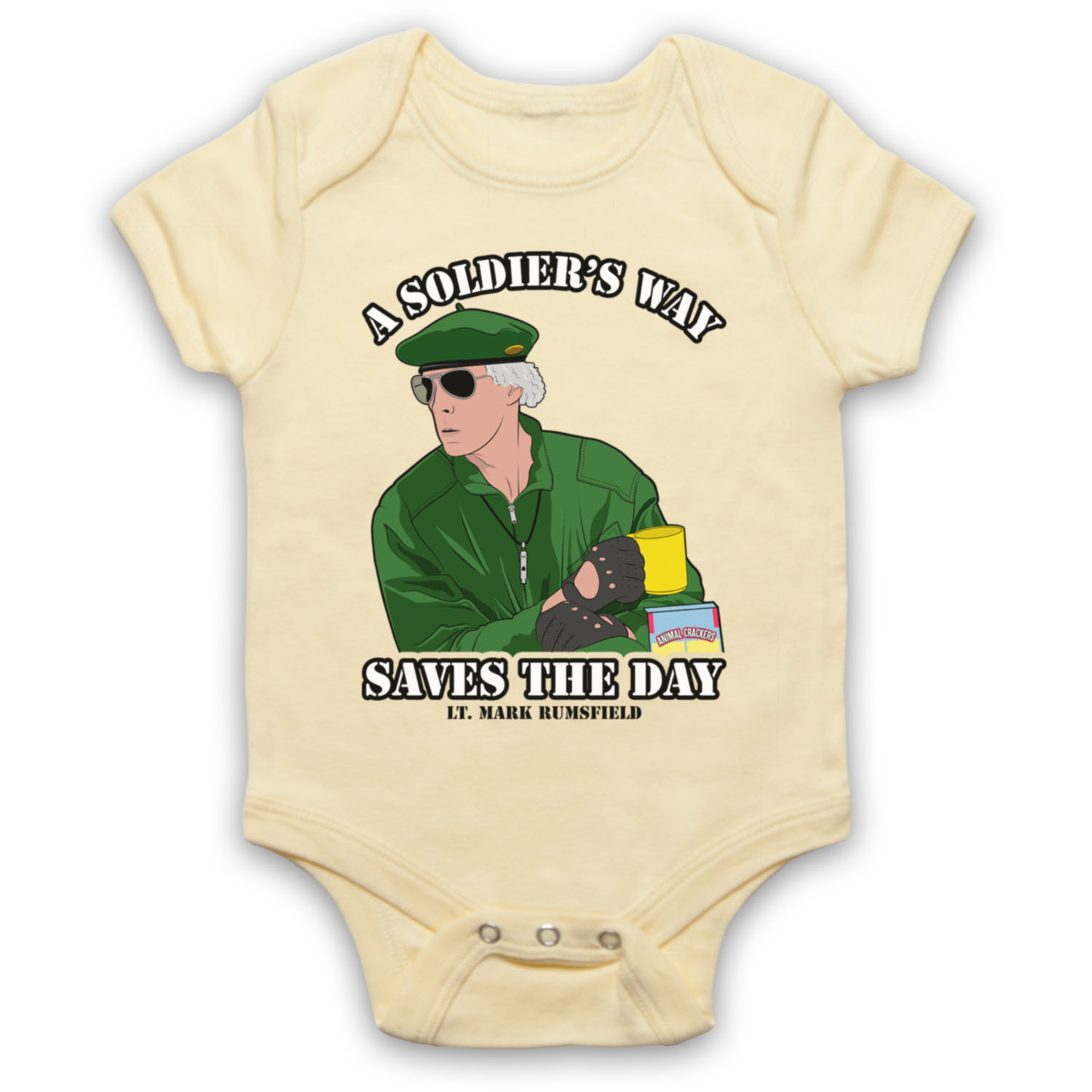 THE 'BURBS A SOLDIER'S WAY SAVES THE DAY MARK RUNSFIELD BABY GROW BABYGROW GIFT - Picture 8 of 10