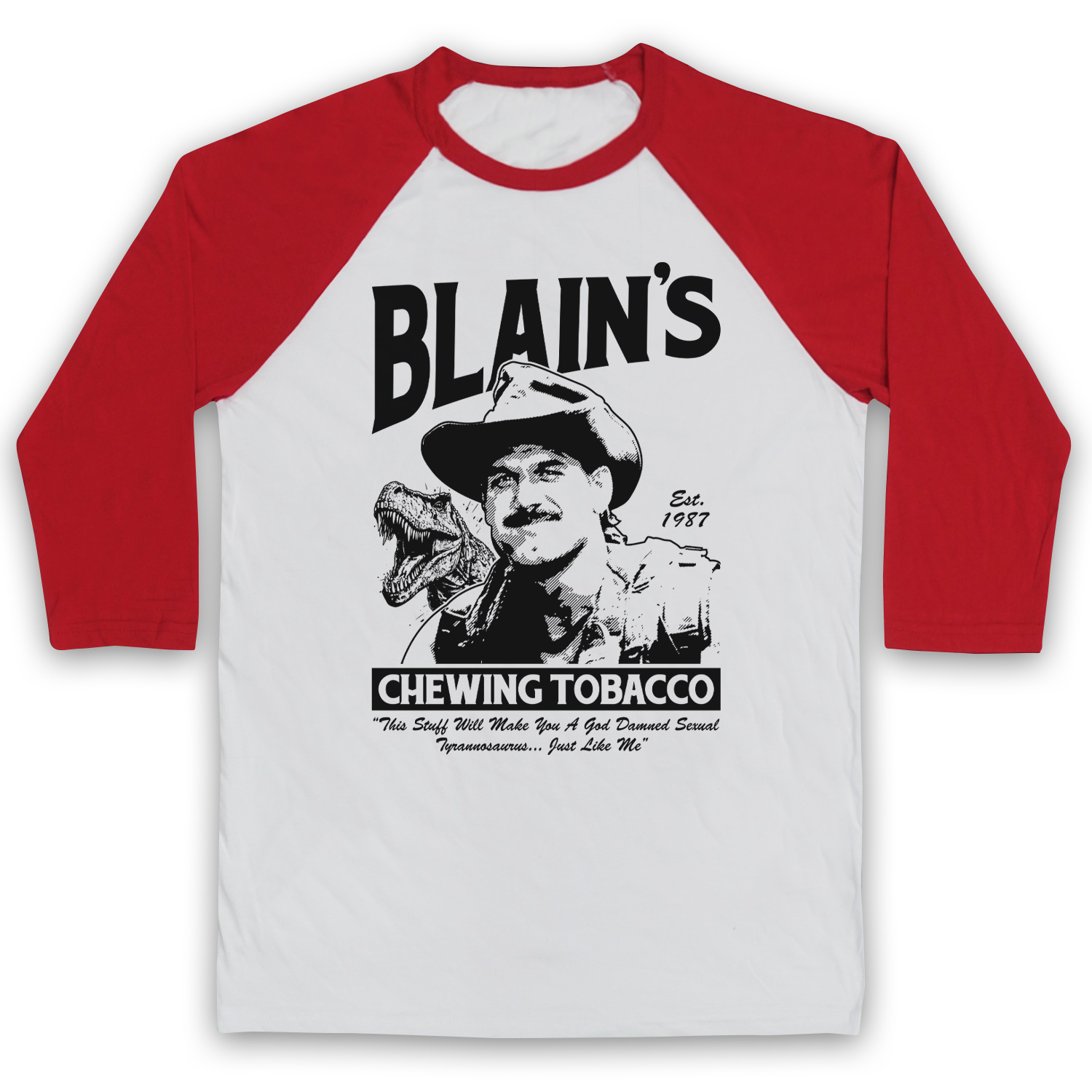 Blain's Chewing Tobacco Predator Sci Fi Ventura Parody Adults Baseball T-Shirt - Picture 6 of 9