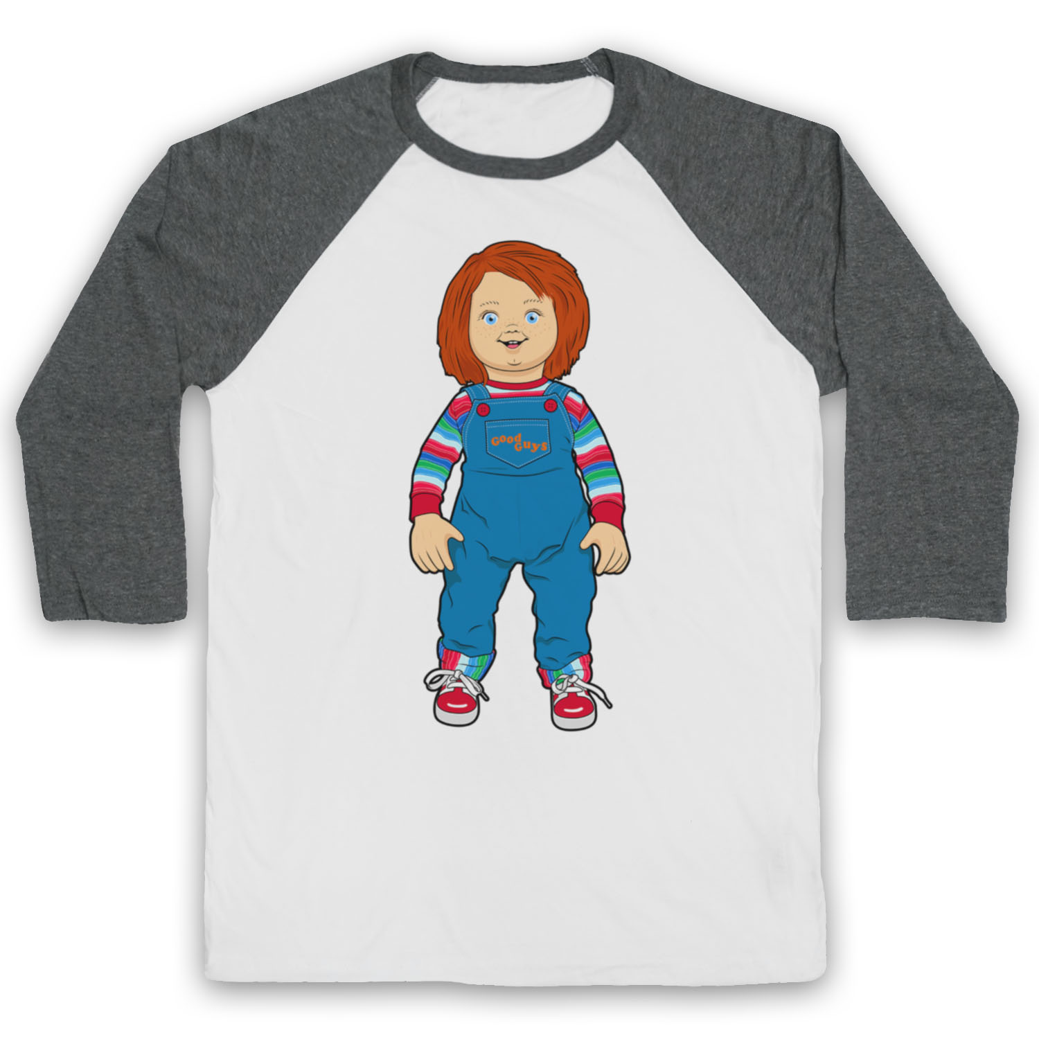 CHILD'S PLAY CHUCKY DOLL POSSESSED KIDS TOY HORROR FILM 3/4 SLEEVE BASEBALL TEE - Picture 8 of 11