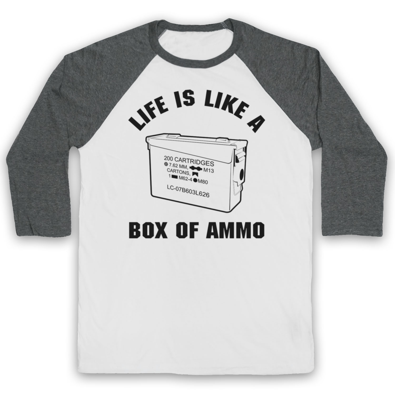 DUKE NUKEM UNOFFICIAL LIFE IS LIKE BOX AMMO VIDEO GAME 3/4 SLEEVE BASEBALL TEE - Picture 8 of 11