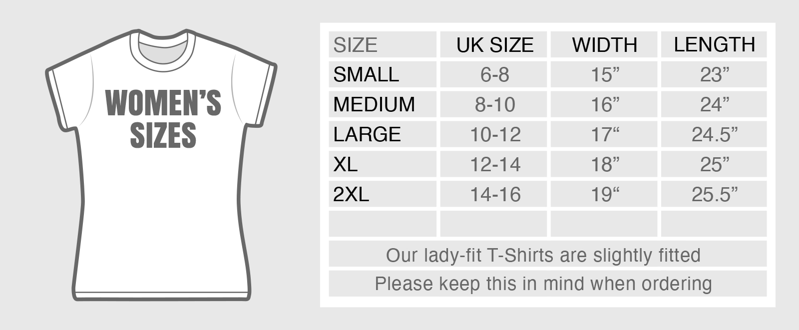 The Guns Of Brixton Women's T-Shirt Size Chart